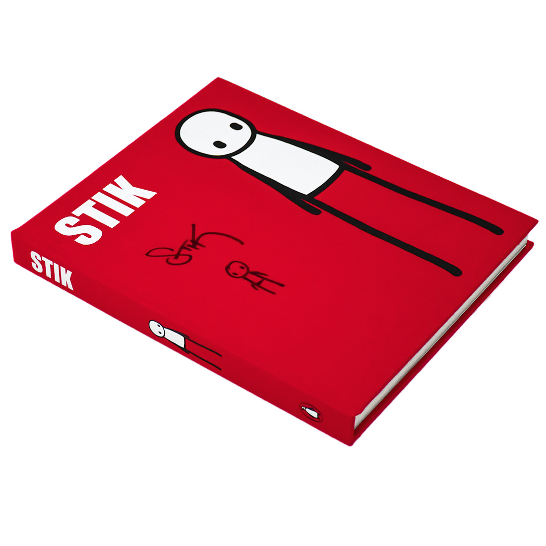 side view of artist stik book signed with hand drawn figure on cover