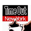 banksy time out new york print showing left top of print with large time out new york letters in black and red