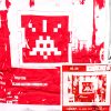 showing close up detail of street artist invader hk-59 t-shirt in white and red with invader and size