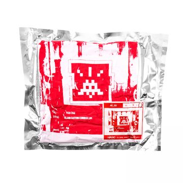 street artist invader hk-59 t-shirt in white and red in sealed packaging