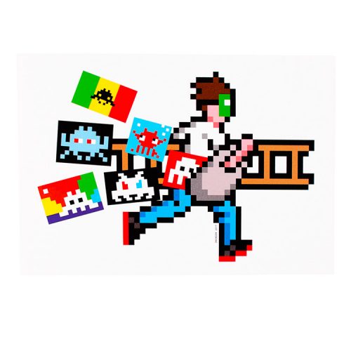 invader hello my game is postcard with invader running with ladder and art