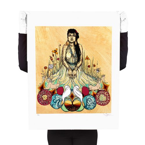 person holding swoon moni and the sphinx hand finished print