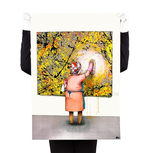 person holding dran taches lithograph