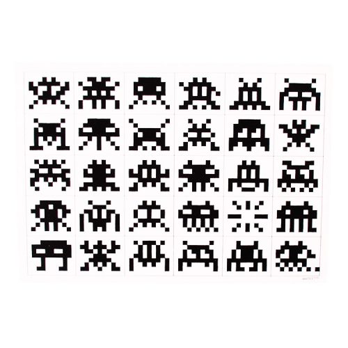 invader hello my game is postcard with thirty black and white invaders