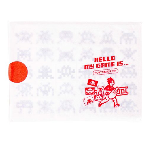 invader hello my game is postcard set with hand stamped text and invader with ladder