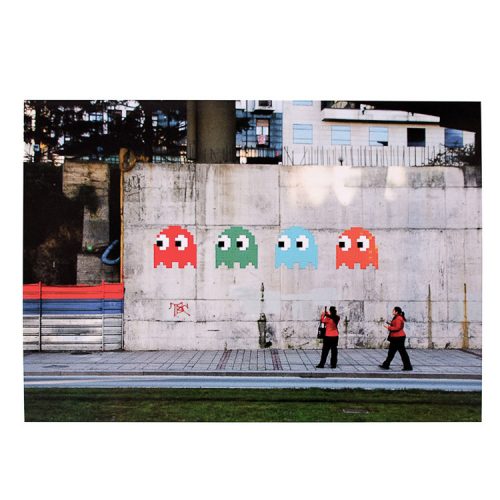 invader hello my game is postcard with three pac man ghost invaders on wall