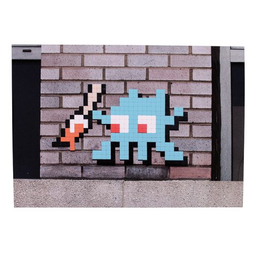 invader hello my game is postcard with invader with paintbrush on wall