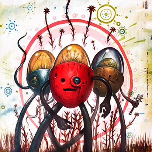 jeff soto tres flores middle of print with three characters in various poses