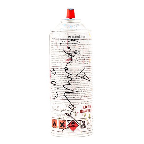 Back of Mr.Brainwash Spray can cyan showing artist signature