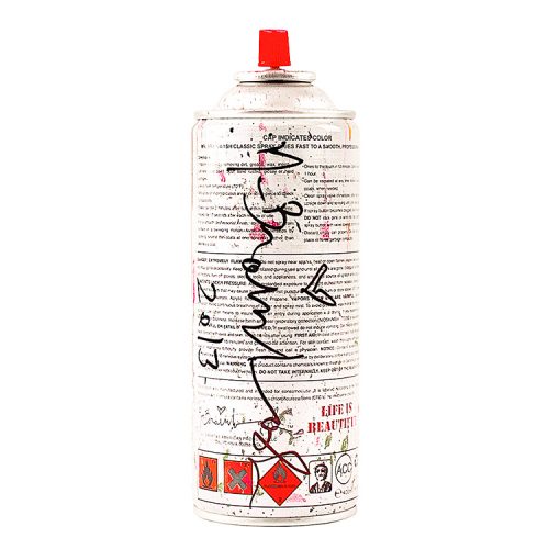 back of mr.brainwash pink spray can showing artist signature