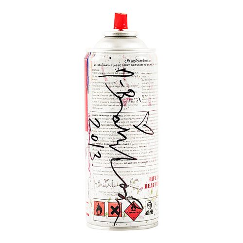 back of mr.brainwash yellow spray can showing artist signature