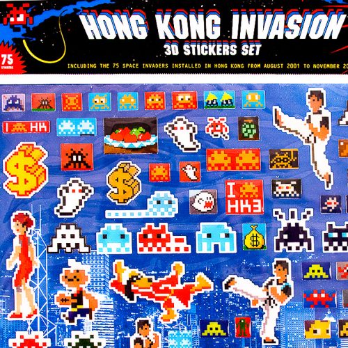 invader hong kong invasion 3d puffy stickers showing top left with stickers and banner with hong kong invasion text