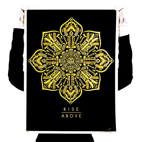 person holding up obey rise above screenprint