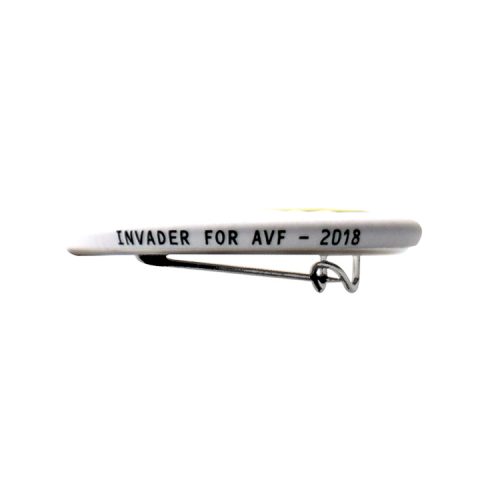 invader space avocado white badge showing text on pin invader for avf 2018