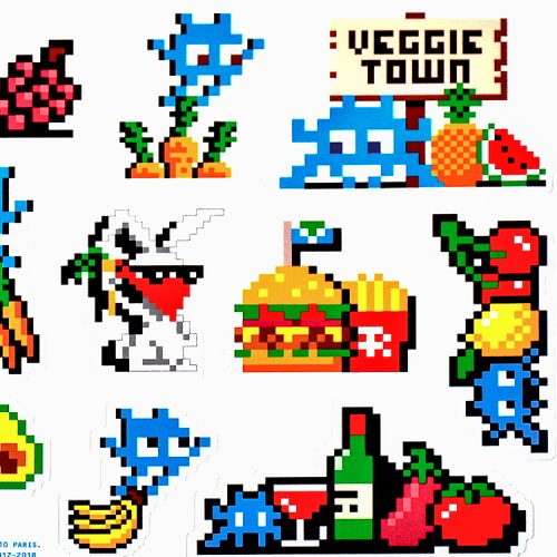 invader veggie stickers showing top right with veggie town text and other invader sticker detail