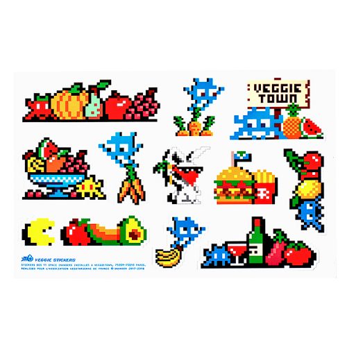 invader veggie stickers sheet showing 11 stickers based on invaders that were installed in veggietown by invader