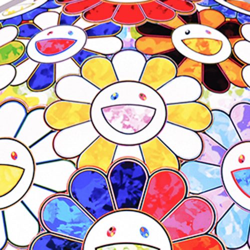 takashi murakami scenery with a rainbow in the midst print showing detail with yellow and white smiley face flower