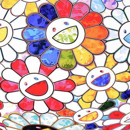 takashi murakami scenery with a rainbow in the midst print showing detail with many colorful smiley face flowers