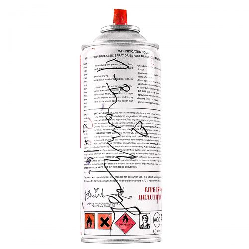 mr brainwash new york spray can in gold color shown from the back with mr brainwash signature