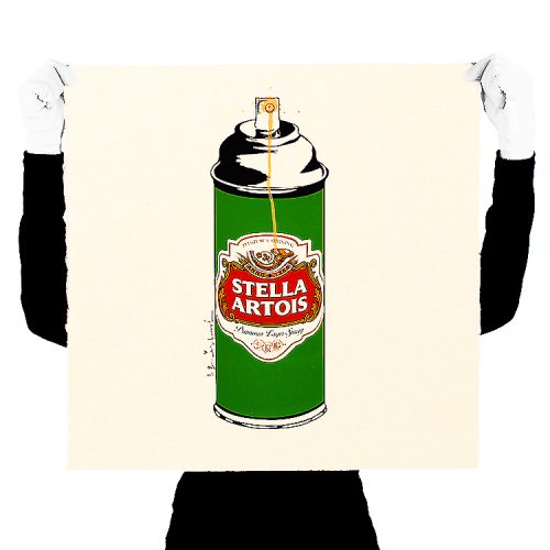 person holding mr brainwash stella spray can print for scale