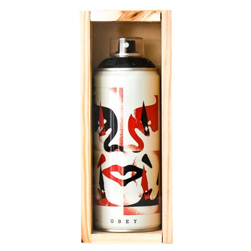 shepard fairey cut it up spray can front view in custom wood display case