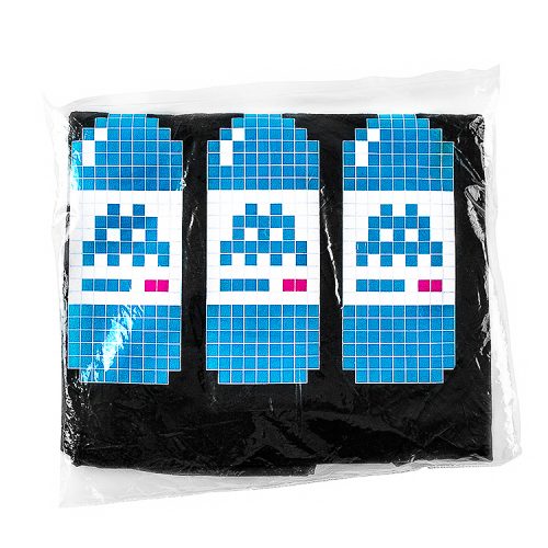 showing street artist invader bne t shirt black details with water bottles in sealed package