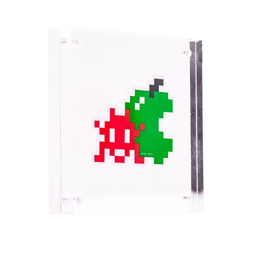 invader red green apple sticker in clear frame