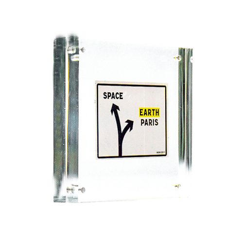invader space directions sticker in clear frame