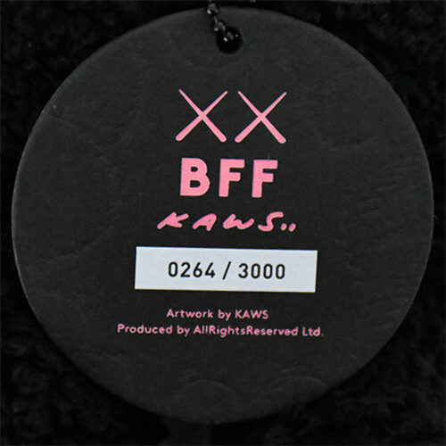 showing kaws bff black plush tag with edition number