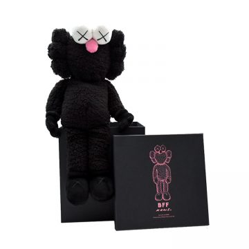 kaws bff plush in black sitting on custom box