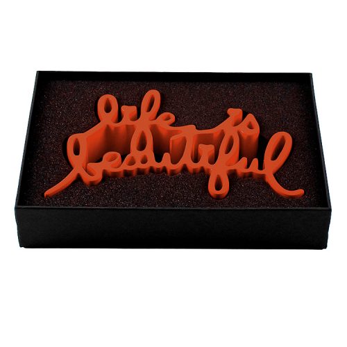 showing mr brainwash life is beautiful sculpture in custom box