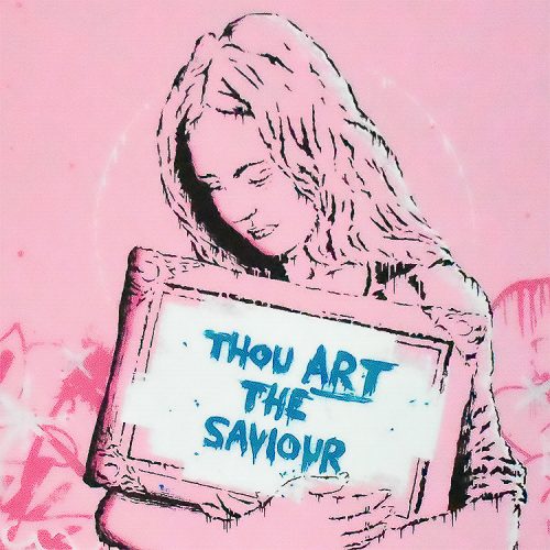 zedsy saviour print artist proof hand embellished showing middle detail of thou art the saviour in blue text