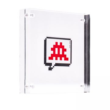 red invader speech bubble sticker in clear acrylic block frame