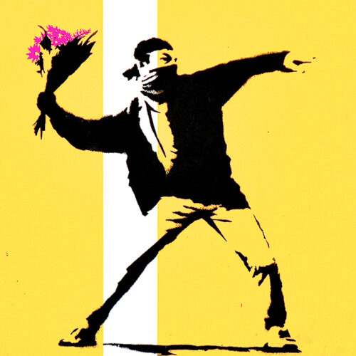 banksy wel love you so love us promo showing flower thrower detail