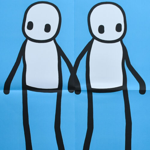 close up of stik holding hands blue poster