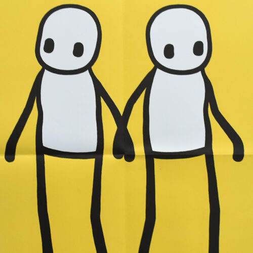 close up of stik holding hands yellow poster showing figures