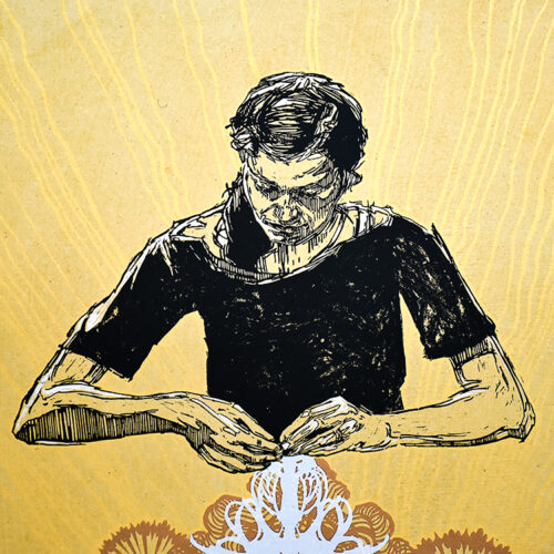 swoon alison the lacemaker print showing middle detail of woman knitting