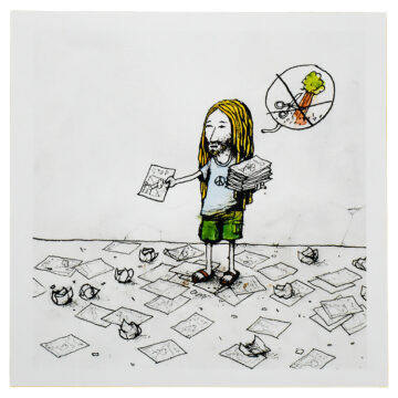 dran untitled paris pop up print showing man handing out papers to stop cutting trees