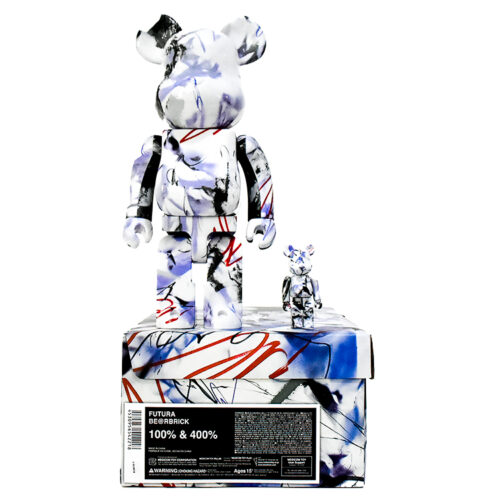 futura bearbrick 400 and 100 shown with sneaker box package