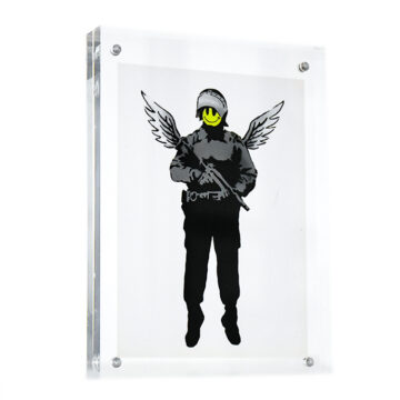 banksy angel cop flying copper showcard in clear frame