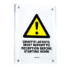 banksy graffiti artists must report to reception sticker in clear frame