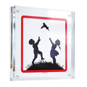 banksy kids with guns sticker in clear block frame