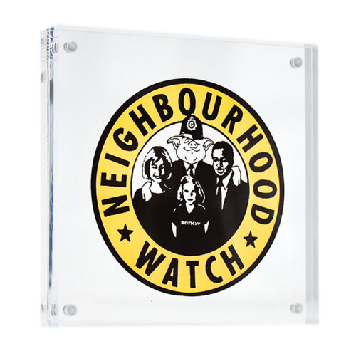 banksy neighbourhood watch sticker in clear frame