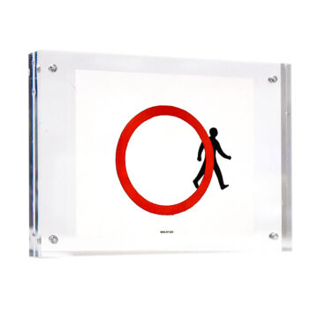 banksy stepping out sticker in clear frame