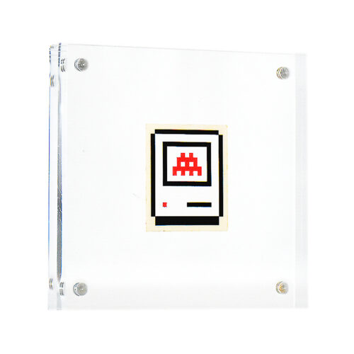 invader mac sticker in clear frame