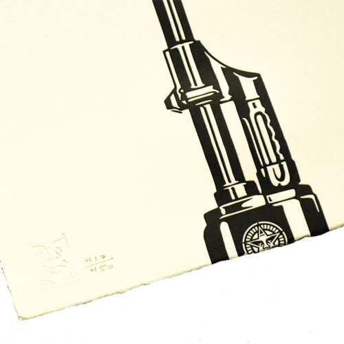 shepard fairey ak-47 love lotus letterpress print showing bottom left with edition number and obey stamp