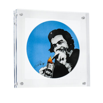 kunstrasen burn capitalism burn sticker in blue shown in clear frame