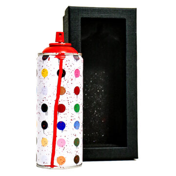 mr brainwash hirst dots spray can in red next to display case