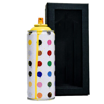 mr brainwash hirst dots spray can in yellow next to display case
