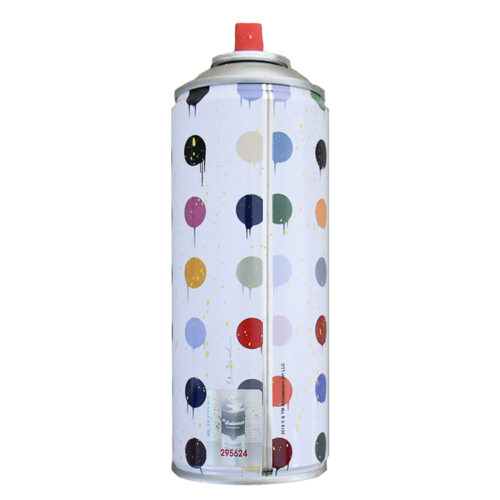 showing back of mr brainwash hirst dots spray can in yellow